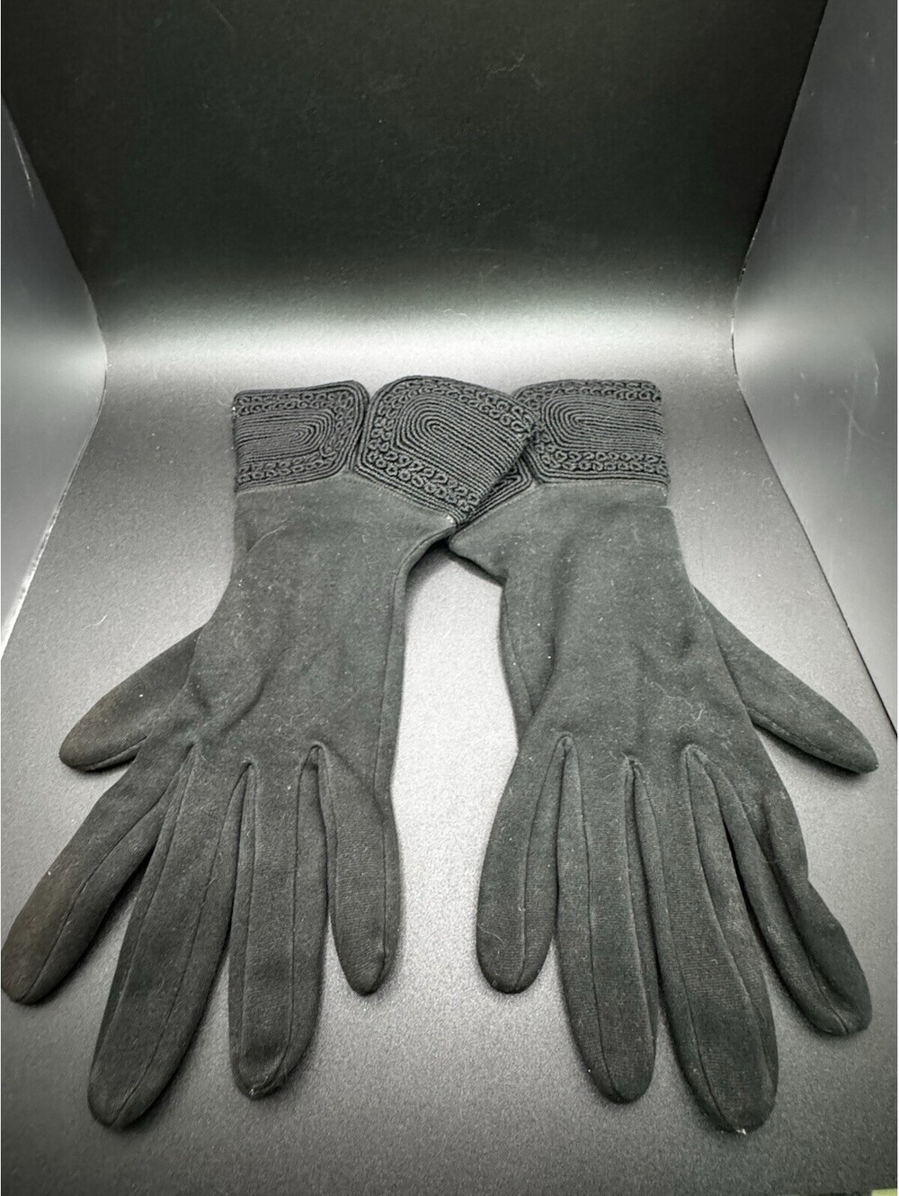 Mid Century Black Nylon Gloves With Decorative Cuff By Hanser - Size 7